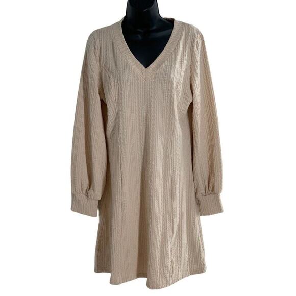 OYANUS Women's V Neck Long Bishop Sleeve Knit Apricot Sweater‎ Dress  Sz L - Picture 1 of 4